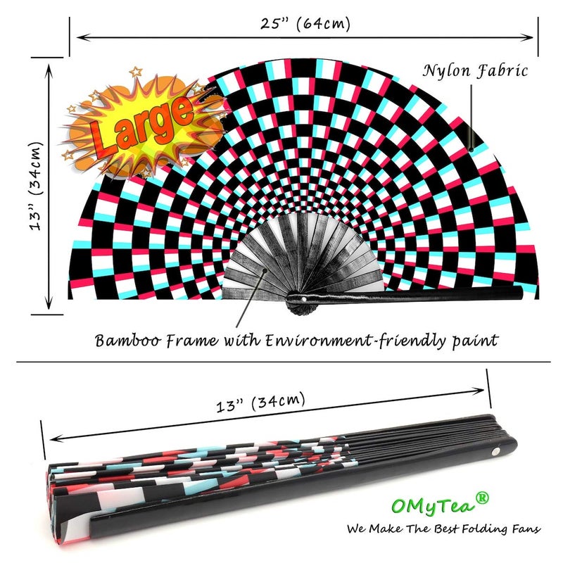 OMyTea Large Rave Clack Folding Hand Fan for Men/Women - Chinese Japanese Bamboo Handheld Fan - for EDM, Music Festival, Club, Event, Party, Dance, Performance, Decoration, Gift (Illusion Checkered) - Image 4